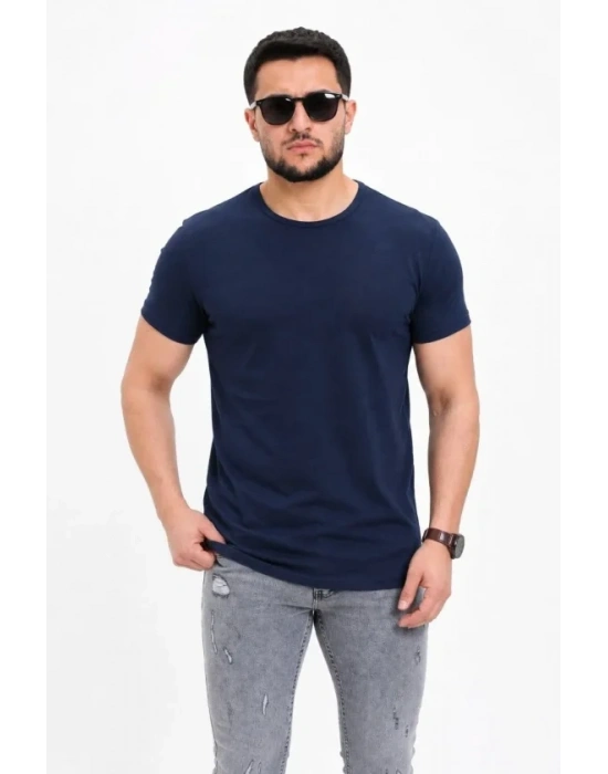 Erkek Basic Tişört Bisiklet Yaka Kısa Kol Günlük Yazlık Slim Fit T-Shirt - Lacivert