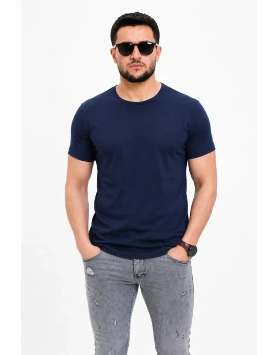 Erkek Basic Tişört Bisiklet Yaka Kısa Kol Günlük Yazlık Slim Fit T-Shirt - Lacivert
