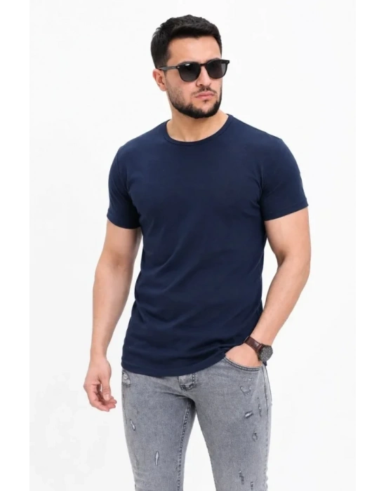 Erkek Basic Tişört Bisiklet Yaka Kısa Kol Günlük Yazlık Slim Fit T-Shirt - Lacivert