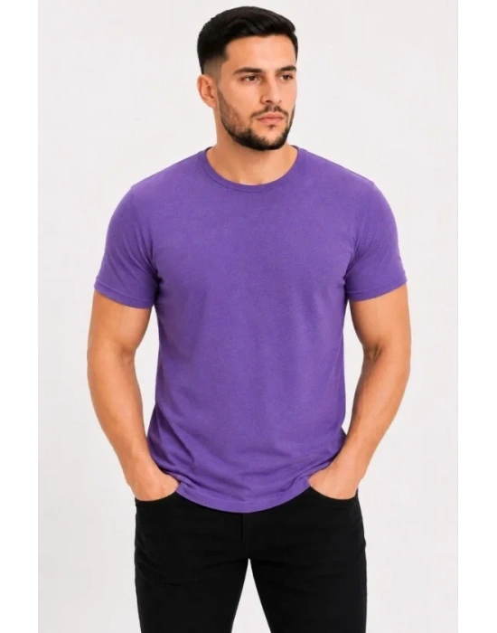 Erkek Basic Tişört Bisiklet Yaka Kısa Kol Günlük Yazlık Slim Fit T-Shirt - Mor
