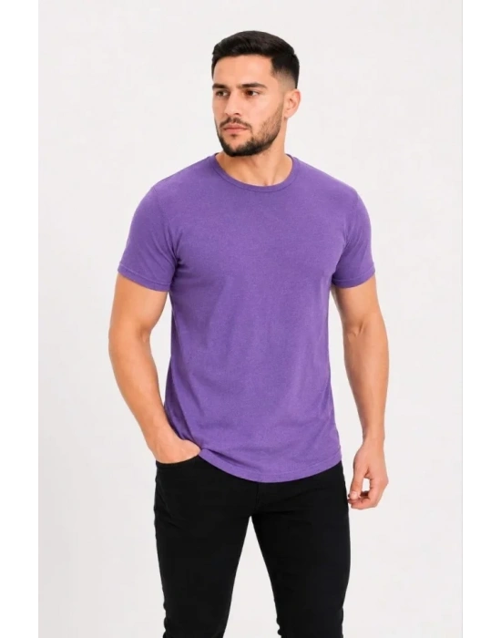 Erkek Basic Tişört Bisiklet Yaka Kısa Kol Günlük Yazlık Slim Fit T-Shirt - Mor