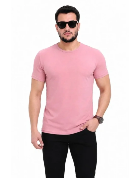 Erkek Basic Tişört Bisiklet Yaka Kısa Kol Günlük Yazlık Slim Fit T-Shirt - Pembe