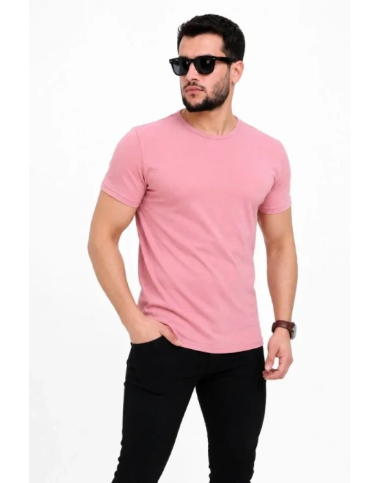 Erkek Basic Tişört Bisiklet Yaka Kısa Kol Günlük Yazlık Slim Fit T-Shirt - Pembe