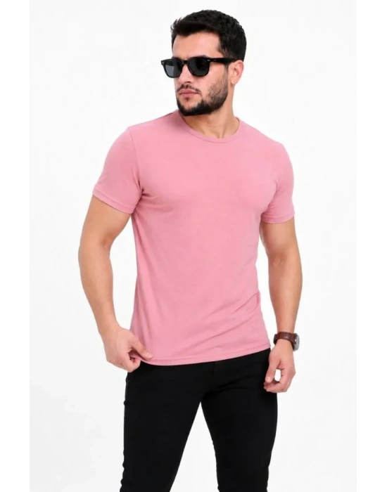 Erkek Basic Tişört Bisiklet Yaka Kısa Kol Günlük Yazlık Slim Fit T-Shirt - Pembe