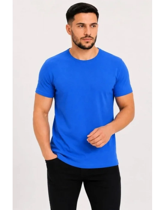 Erkek Basic Tişört Bisiklet Yaka Kısa Kol Günlük Yazlık Slim Fit T-Shirt - Saks Mavisi