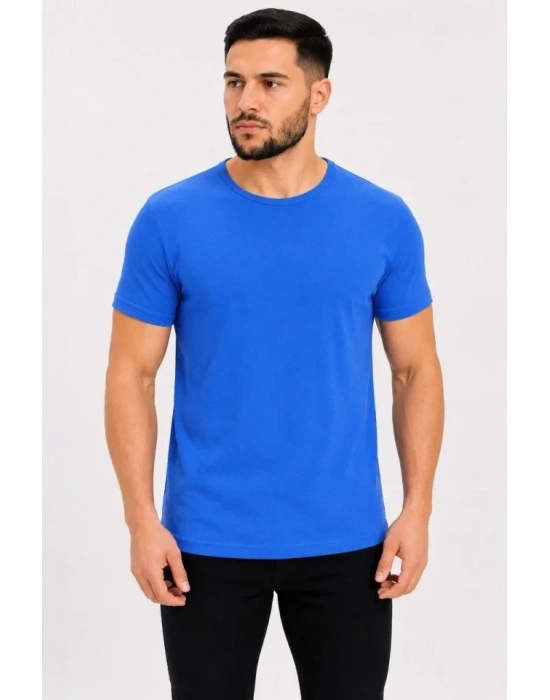 Erkek Basic Tişört Bisiklet Yaka Kısa Kol Günlük Yazlık Slim Fit T-Shirt - Saks Mavisi