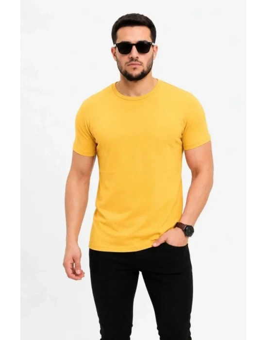Erkek Basic Tişört Bisiklet Yaka Kısa Kol Günlük Yazlık Slim Fit T-Shirt - Sarı