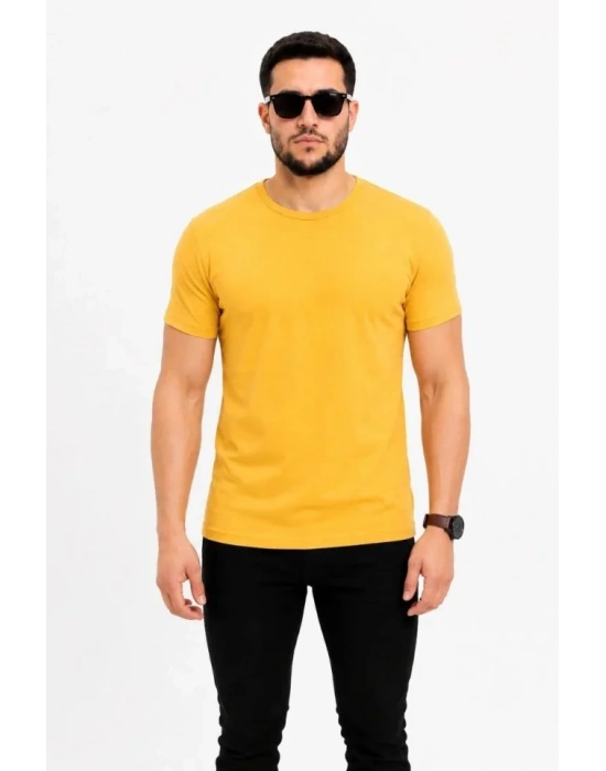Erkek Basic Tişört Bisiklet Yaka Kısa Kol Günlük Yazlık Slim Fit T-Shirt - Sarı