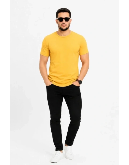 Erkek Basic Tişört Bisiklet Yaka Kısa Kol Günlük Yazlık Slim Fit T-Shirt - Sarı