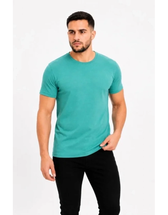 Erkek Basic Tişört Bisiklet Yaka Kısa Kol Günlük Yazlık Slim Fit T-Shirt - Su Yeşili
