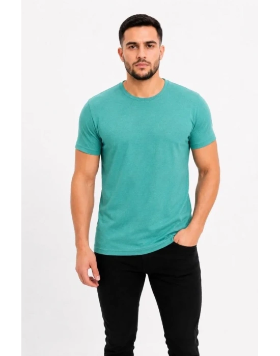 Erkek Basic Tişört Bisiklet Yaka Kısa Kol Günlük Yazlık Slim Fit T-Shirt - Su Yeşili