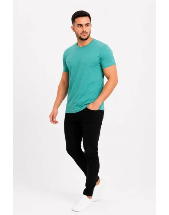 Erkek Basic Tişört Bisiklet Yaka Kısa Kol Günlük Yazlık Slim Fit T-Shirt - Su Yeşili