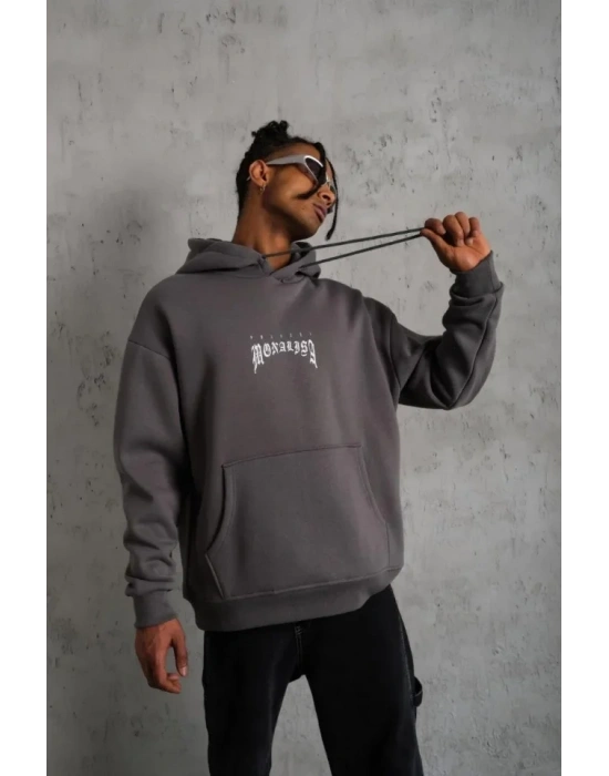 Erkek Baskılı Kapüşonlu Ve Kanguru Cepli Sweat- Gri