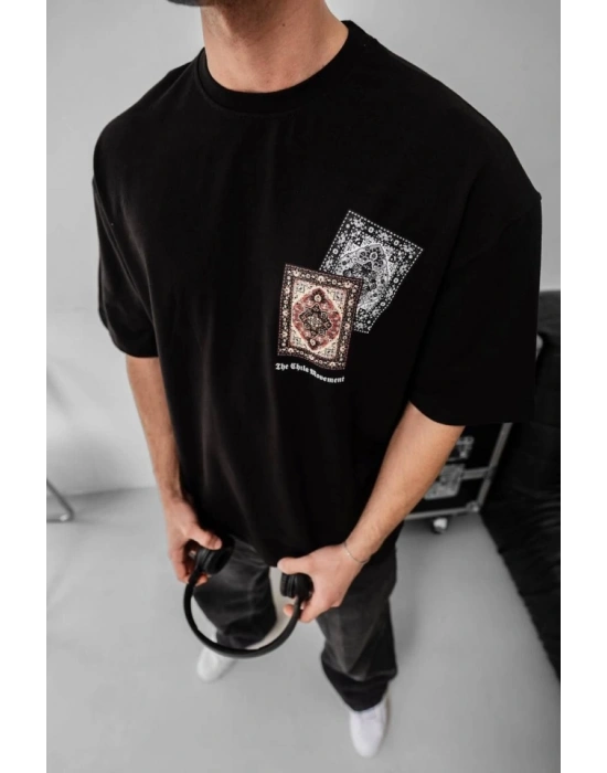 Erkek Baskılı Oversize T-shirt - Siyah