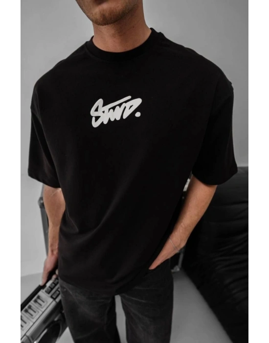 Erkek Baskılı Oversize T-shirt - Siyah