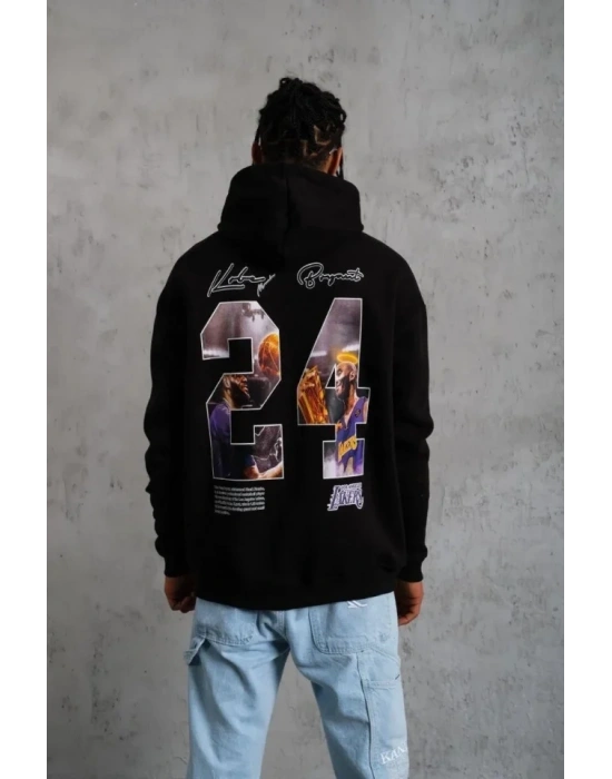 Erkek Baskılı Oversize Üç İplik Kapüşonlu Sweatshirt - Siyah