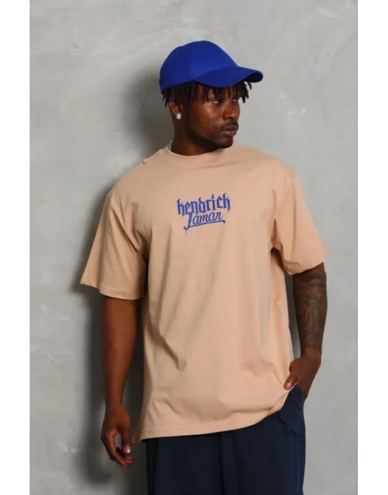 Erkek Baskılı T-Shirt Kısa Kol Bisiklet Yaka Regular Fit Rahat Kalıp Günlük Tişört - Bej