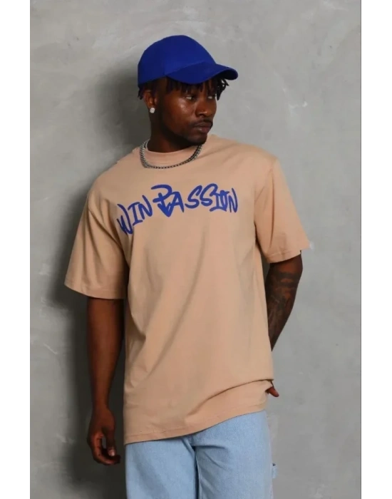 Erkek Baskılı T-Shirt Kısa Kol Bisiklet Yaka Regular Fit Rahat Kalıp Günlük Tişört - Bej