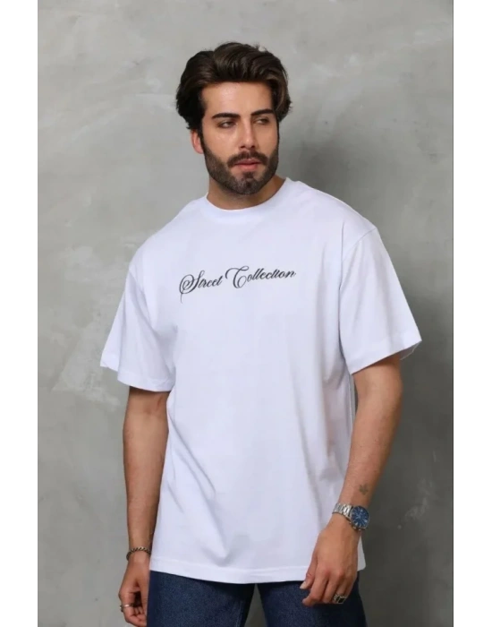 Erkek Baskılı T-Shirt Kısa Kol Bisiklet Yaka Regular Fit Rahat Kalıp Günlük Tişört - Beyaz