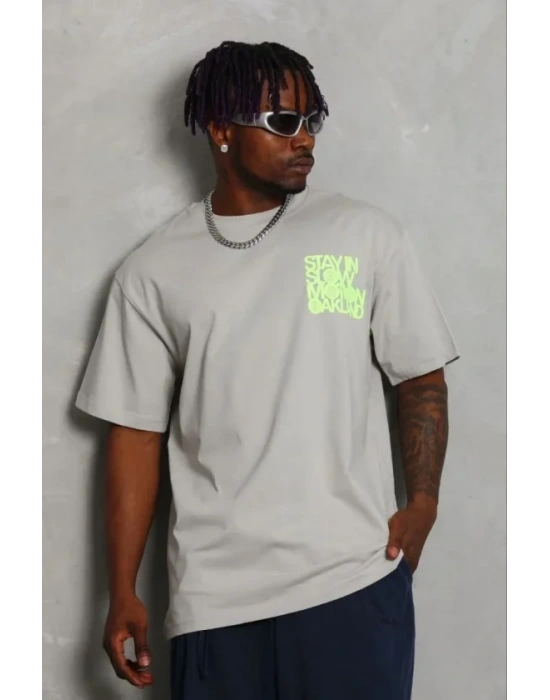 Erkek Baskılı T-Shirt Kısa Kol Bisiklet Yaka Regular Fit Rahat Kalıp Günlük Tişört - Gri
