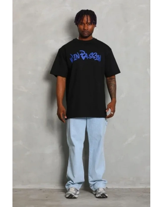 Erkek Baskılı T-Shirt Kısa Kol Bisiklet Yaka Regular Fit Rahat Kalıp Günlük Tişört - Siyah