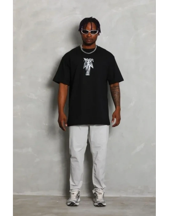 Erkek Baskılı T-Shirt Kısa Kol Bisiklet Yaka Regular Fit Rahat Kalıp Günlük Tişört - Siyah