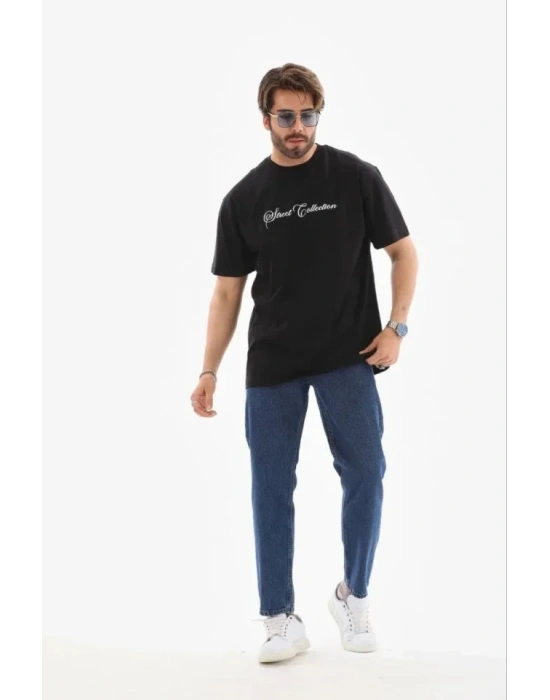 Erkek Baskılı T-Shirt Kısa Kol Bisiklet Yaka Regular Fit Rahat Kalıp Günlük Tişört - Siyah