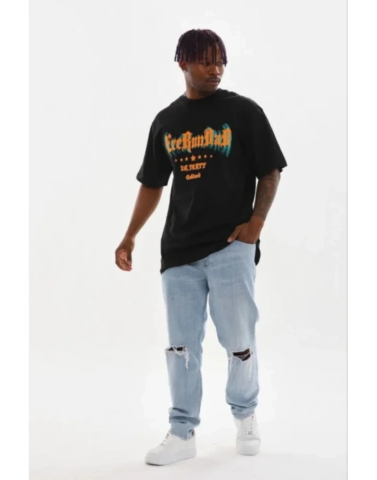 Erkek Baskılı T-Shirt Kısa Kol Bisiklet Yaka Regular Fit Rahat Kalıp Günlük Tişört - Siyah
