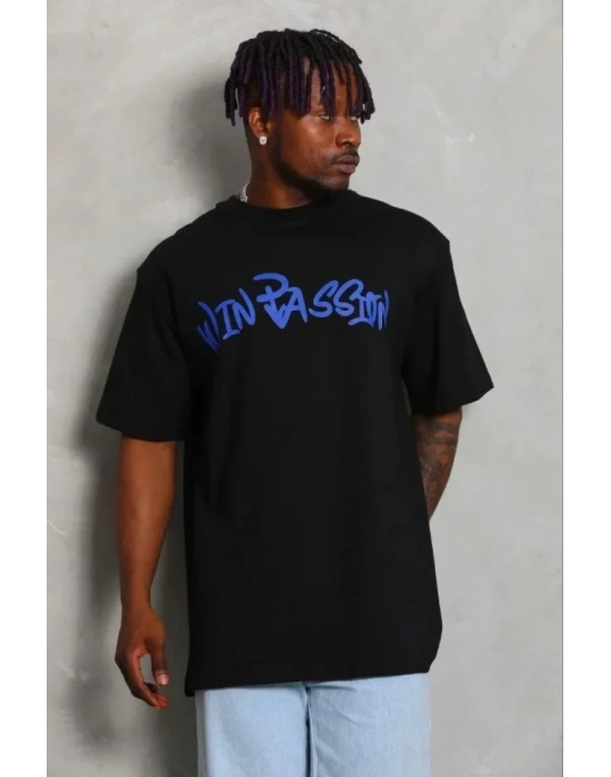 Erkek Baskılı T-Shirt Kısa Kol Bisiklet Yaka Regular Fit Rahat Kalıp Günlük Tişört - Siyah