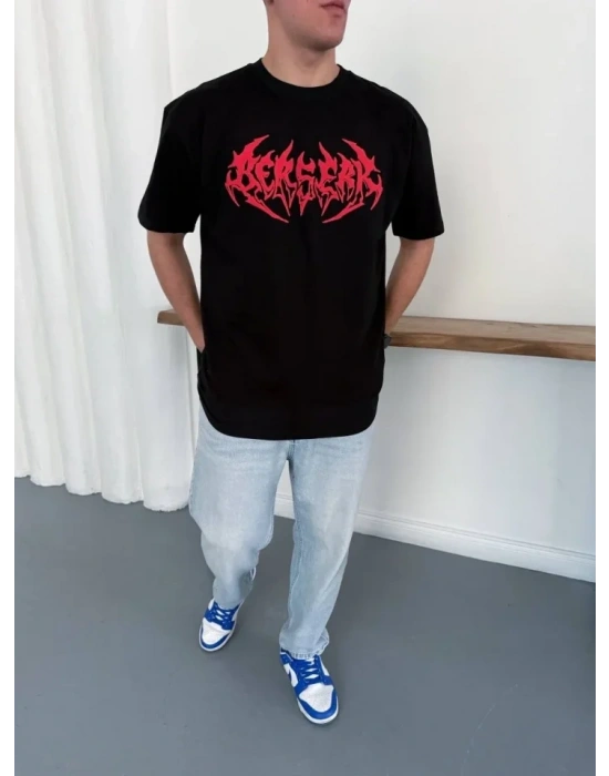 Erkek Baskılı T-Shirt Yazlık Kısa Kol Bisiklet Yaka Rahat Kalıp Tişört - Siyah