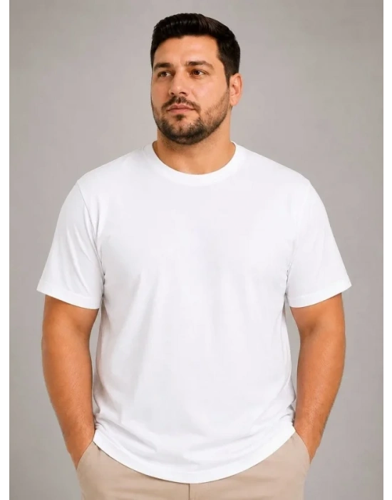 Erkek Battal Big Size Basic Tişört Bisiklet Yaka Rahat Kalıp T-Shirt - Beyaz