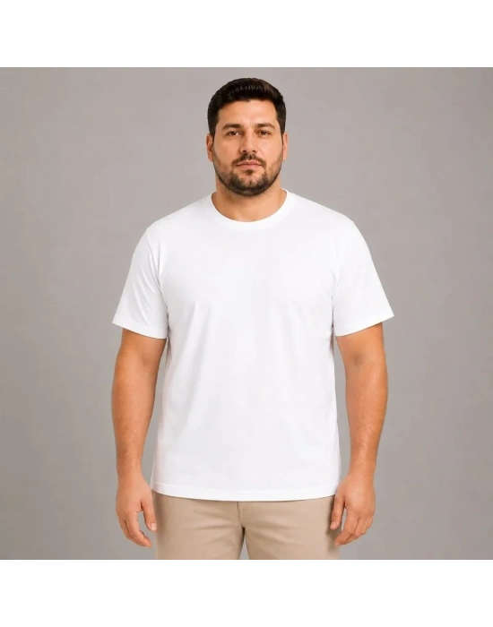Erkek Battal Big Size Basic Tişört Bisiklet Yaka Rahat Kalıp T-Shirt - Beyaz