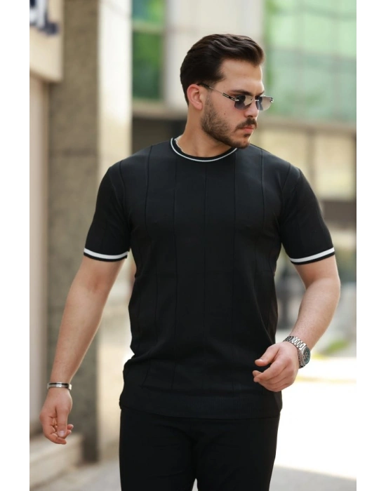 Erkek Bisiklet Yaka çizgi Desenli Ribanalı Kısa Kollu Tshirt