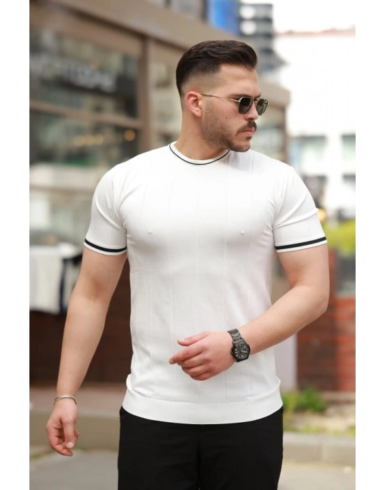 Erkek Bisiklet Yaka çizgi Desenli Ribanalı Kısa Kollu Tshirt