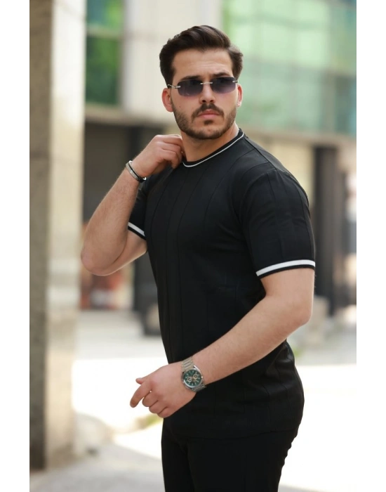 Erkek Bisiklet Yaka çizgi Desenli Ribanalı Kısa Kollu Tshirt