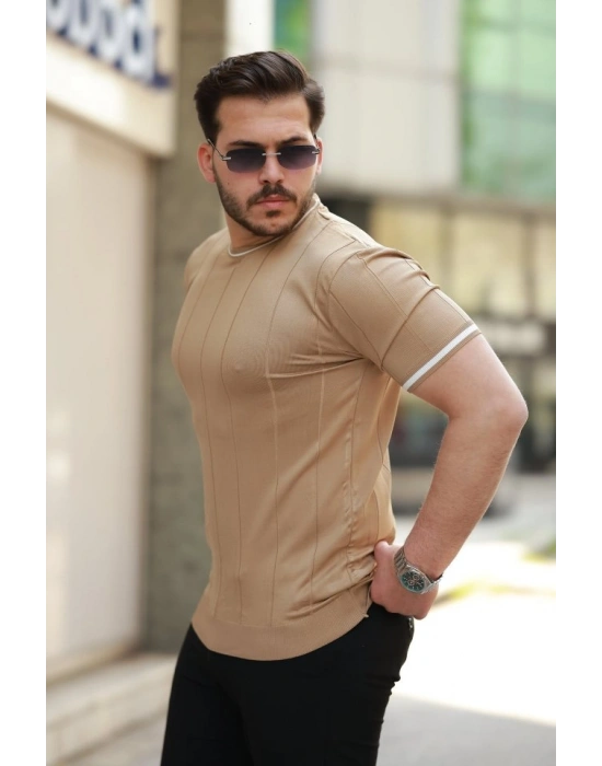 Erkek Bisiklet Yaka çizgi Desenli Ribanalı Kısa Kollu Tshirt