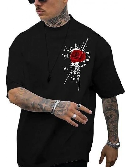 Erkek Bisiklet Yaka Kısa Kol Baskılı T-shirt - Siyah