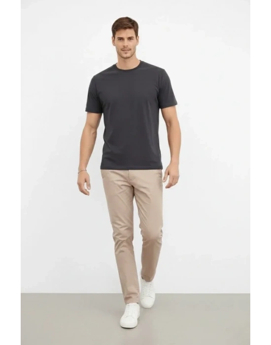 Erkek Bisiklet Yaka Tişört Regular Kalıp Basic Pamuklu Günlük Kullanım T-shirt - Füme