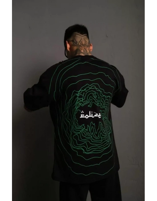 Erkek Bisiklet Yakalı Sırt Baskılı Oversize T-Shirt - Siyah
