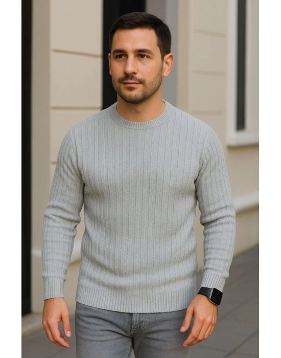 Erkek Bisiklet Yuvarlak Yaka Triko Kazak Pamuklu Kalın Fitilli Dokuma, Regular Fit Uzun Kollu Kışlık Model - Gri