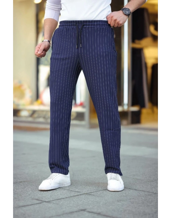 Erkek Cizgili Dokuma Krep Jogger Buggy Pantalon Rahat Kalıp - Lacivert