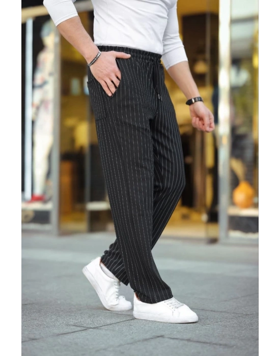 Erkek Cizgili Dokuma Krep Jogger Buggy Pantalon Rahat Kalıp - Siyah