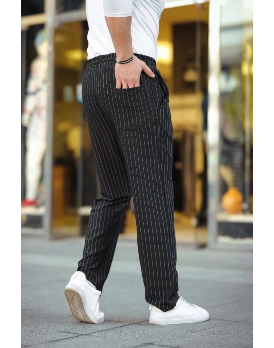 Erkek Cizgili Dokuma Krep Jogger Buggy Pantalon Rahat Kalıp - Siyah