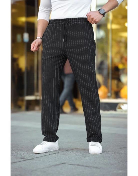 Erkek Cizgili Dokuma Krep Jogger Buggy Pantalon Rahat Kalıp - Siyah