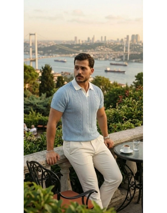 Erkek Desenli Kısa Kollu Triko Tişört - %100 Pamuk Akrilik