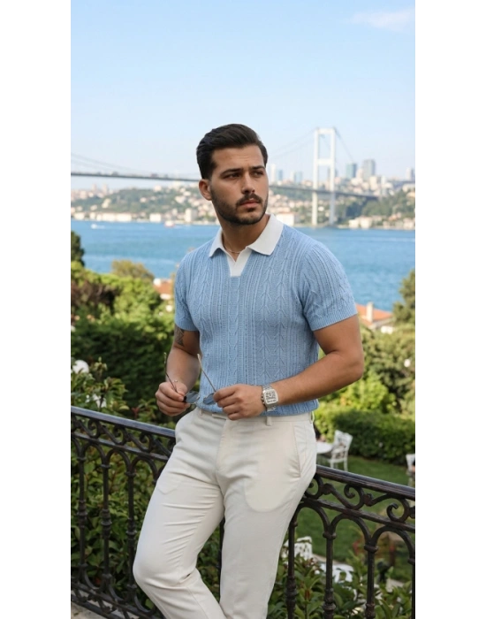 Erkek Desenli Kısa Kollu Triko Tişört - %100 Pamuk Akrilik