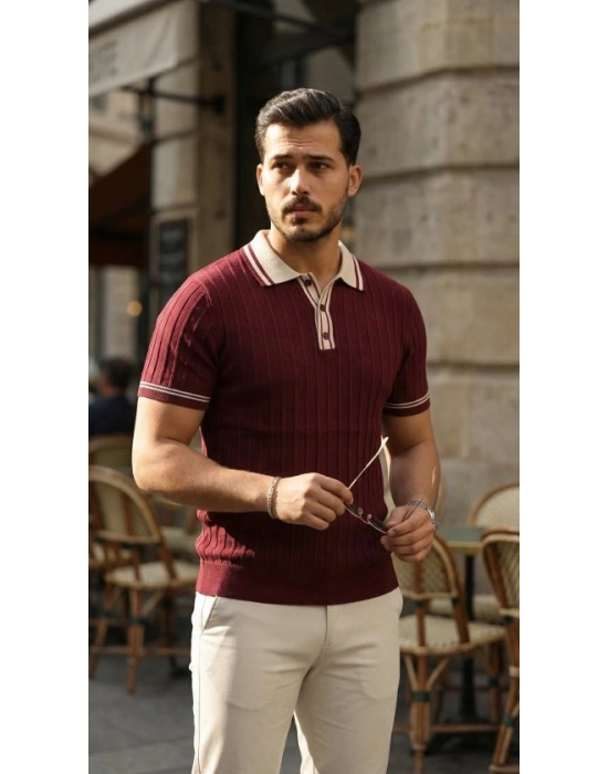 Erkek Düğme Yakalı Kontrast Yaka Triko Tişört