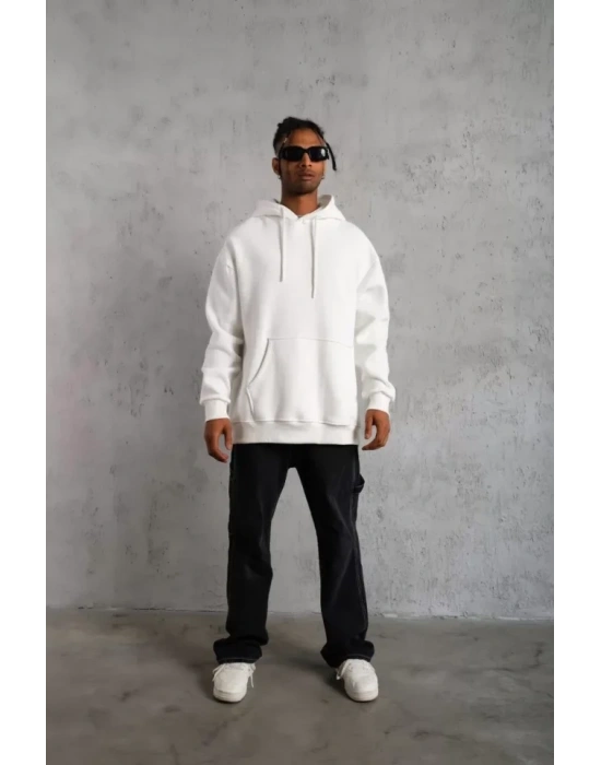 Erkek Düz Kapüşonlu Sweat - Beyaz