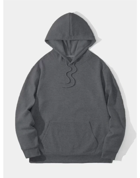 Erkek Düz Kapüşonlu Sweat - Füme