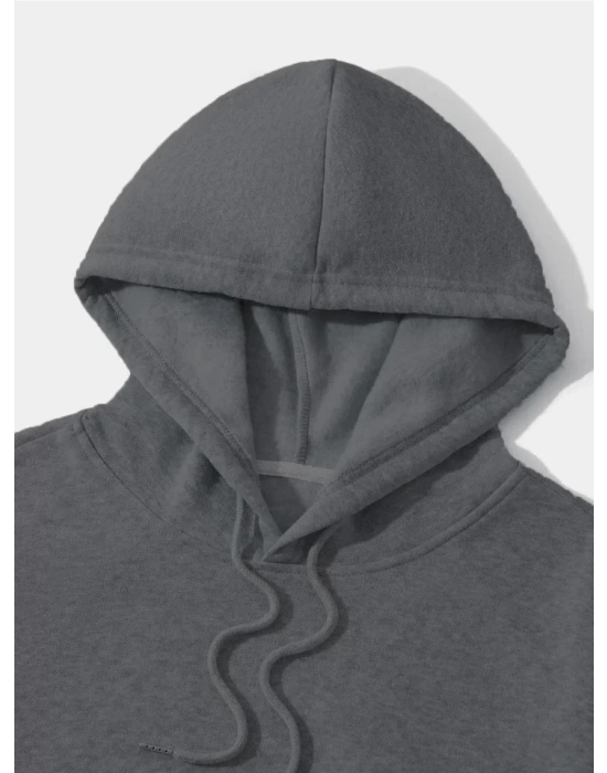 Erkek Düz Kapüşonlu Sweat - Füme